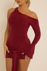 Wine One Shoulder Slinky Wrap Mini Dress - Trudy