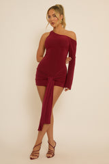 Wine One Shoulder Slinky Wrap Mini Dress - Trudy