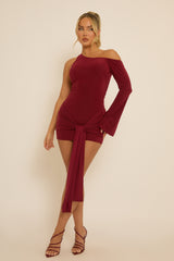 Wine One Shoulder Slinky Wrap Mini Dress - Trudy