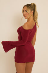 Wine One Shoulder Slinky Wrap Mini Dress - Trudy