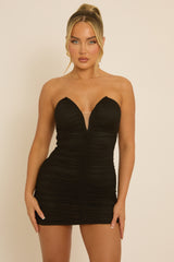 Black V Front Ruched Bandeau Mini Dress - Laurence