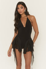 Black Halter Neck Frill Hem Playsuit - Nelya