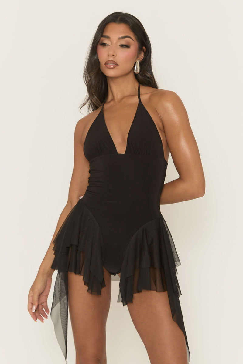 Black Halter Neck Frill Hem Playsuit - Nelya