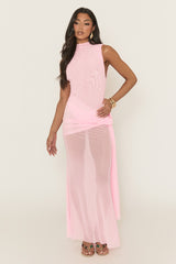 Pink Mesh Tie Detail Racer Maxi Dress - Lianne