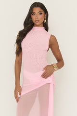 Pink Mesh Tie Detail Racer Maxi Dress - Lianne
