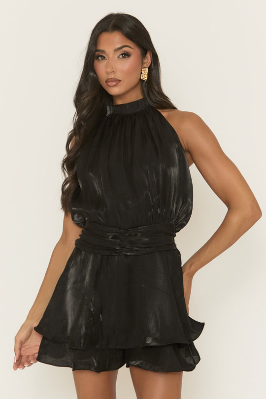 Black High Neck Blouson Playsuit - Kaycee