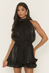 Black High Neck Blouson Playsuit - Kaycee