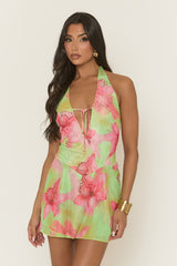 Green Floral Print Tie Front Halterneck Mini Dress - Olivette