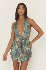 Green Multi Printed Asymmetric Waterfall Trim Mini Dress - Evvie