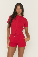 Red Rib Button Front Top and Short Loungewear Co-ord Set - Dua