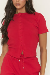 Red Rib Button Front Top and Short Loungewear Co-ord Set - Dua