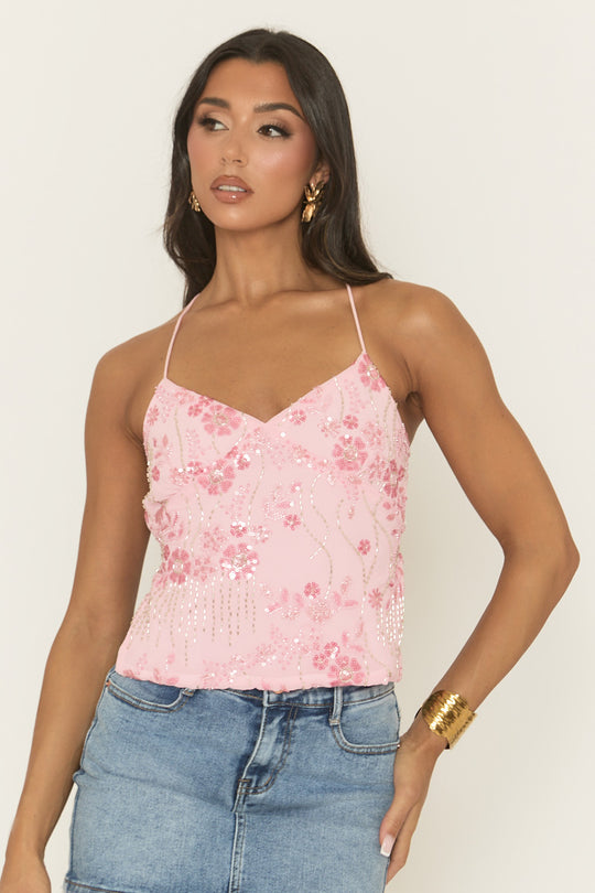 Pink Sequin Beaded Tie Back Top - Laureen