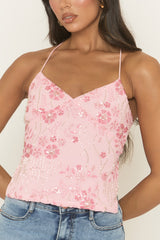 Pink Sequin Beaded Tie Back Top - Laureen
