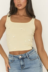 Yellow Rib Crystal Embellished Tank Top - Anastacia