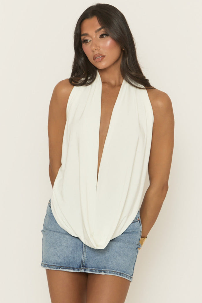 White Low Plunge Halter Top - Carden