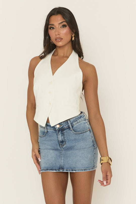 White Halterneck Woven Waistcoat - Marika