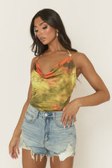 Green Multi Printed Ring Detail Cowl Halterneck Top - Adlee