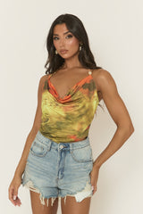 Green Multi Printed Ring Detail Cowl Halterneck Top - Adlee