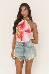 Pink Floral Print Beaded Trim Halterneck Top - Rosaella
