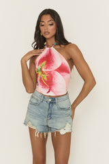 Pink Floral Print Beaded Trim Halterneck Top - Rosaella
