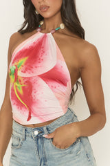 Pink Floral Print Beaded Trim Halterneck Top - Rosaella