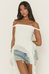 White Twist Off Shoulder Asymmetric Ruffle Hem Top - Lornie