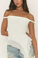 White Twist Off Shoulder Asymmetric Ruffle Hem Top - Lornie
