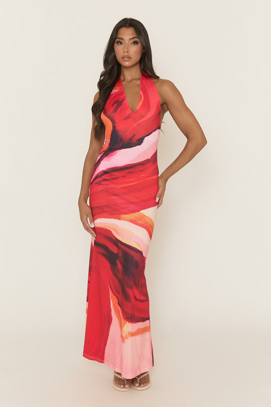 Red Printed Halterneck Maxi Dress - Preta