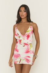 White Floral Print Cowl Neck Mini Dress - Laurelle