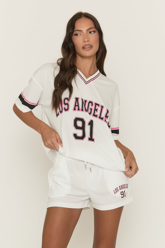 White Oversized Varsity Football T-shirt and Shorts Set - Fiji