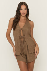 Mocha Linen Look Tie Front Top and Shorts Co-ord Set - Tarni