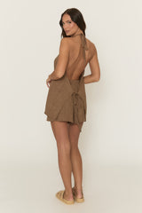 Mocha Linen Look Tie Front Top and Shorts Co-ord Set - Tarni