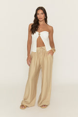 Stone Linen Look Tie Waist Wide Leg Trousers - Kamarla