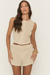 Beige Textured Button Detail Top and Shorts Co-Ord Set - Shivvy