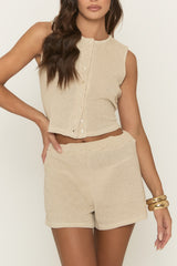Beige Textured Button Detail Top and Shorts Co-Ord Set - Shivvy