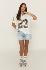 White Leopard Print Oversized Varsity Football T-Shirt - Arla