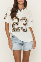 White Leopard Print Oversized Varsity Football T-Shirt - Arla
