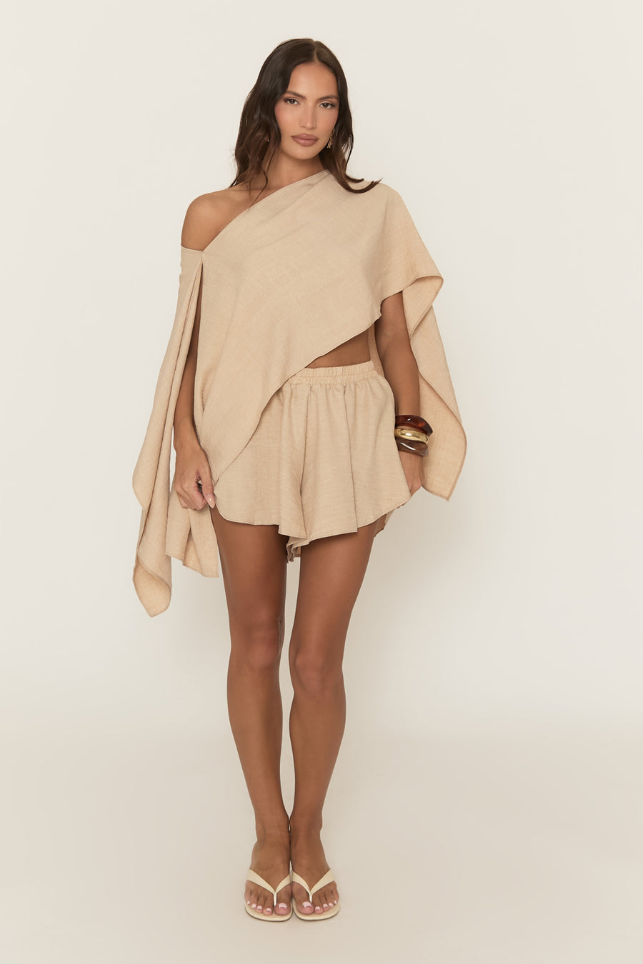 Beige Linen Look Asymmetric Top and Skort Co-ord Set - Keona