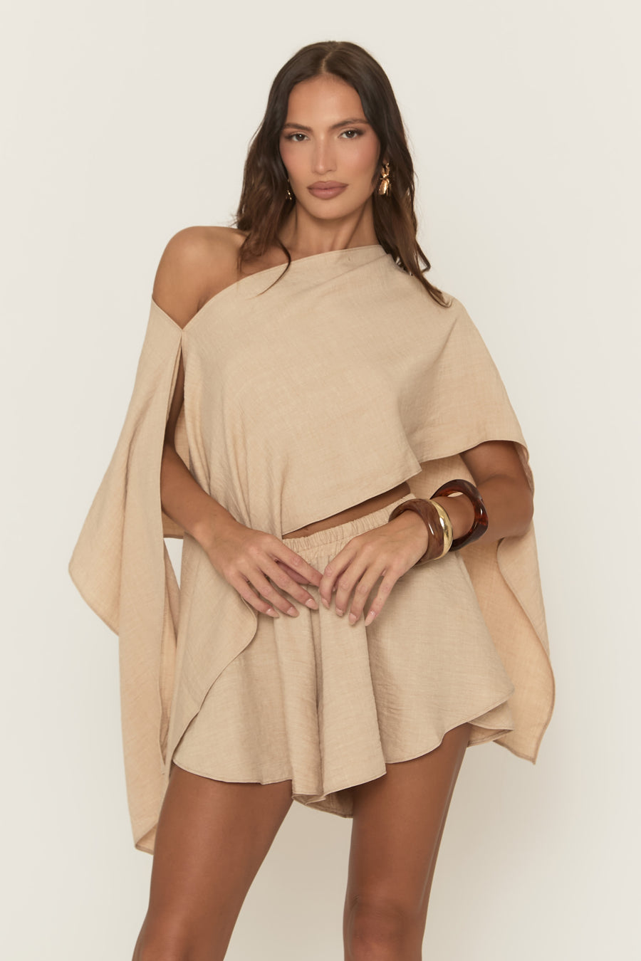 Beige Linen Look Asymmetric Top and Skort Co-ord Set - Keona