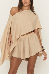 Beige Linen Look Asymmetric Top and Skort Co-ord Set - Keona