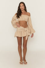 Beige Linen Look Bardot Top and Skirt Co-ord Set - Hellan