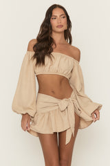 Beige Linen Look Bardot Top and Skirt Co-ord Set - Hellan