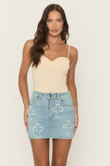 Blue Wash Cross Detail Denim Mini Skirt - Jurella