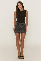 Charcoal Acid Wash Cross Detail Denim Mini Skirt - Jurella