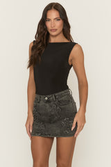 Charcoal Acid Wash Cross Detail Denim Mini Skirt - Jurella