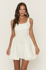 White Swirl Embroidered Tie Back Skater Dress - Anjalee