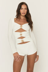 White Cut Out Trim Detail Playsuit - Taryn