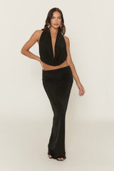 Black Plunge Halter Top and Maxi Skirt Co-ord Set - Aaliyah