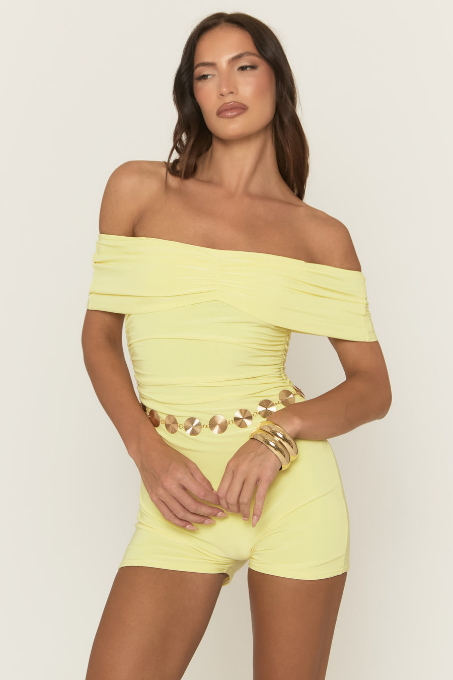 Yellow Bardot Ruched Detail Playsuit - Raquel