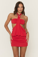 Red Trim Detail Halterneck Mini Dress - Yazmina